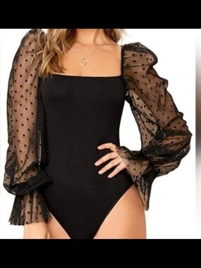 WDIRARA Women's Polka Dots Sheer Dobby Mesh Square Neck Long Sleeve Skinny Bodys
